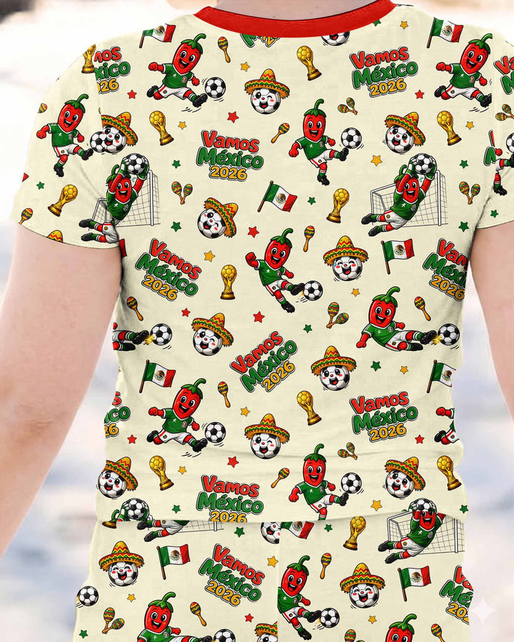 Cartoon World Soccer Vamos Mexico Family Matching Bamboo Two Piece Short Sleeve Pajama Set