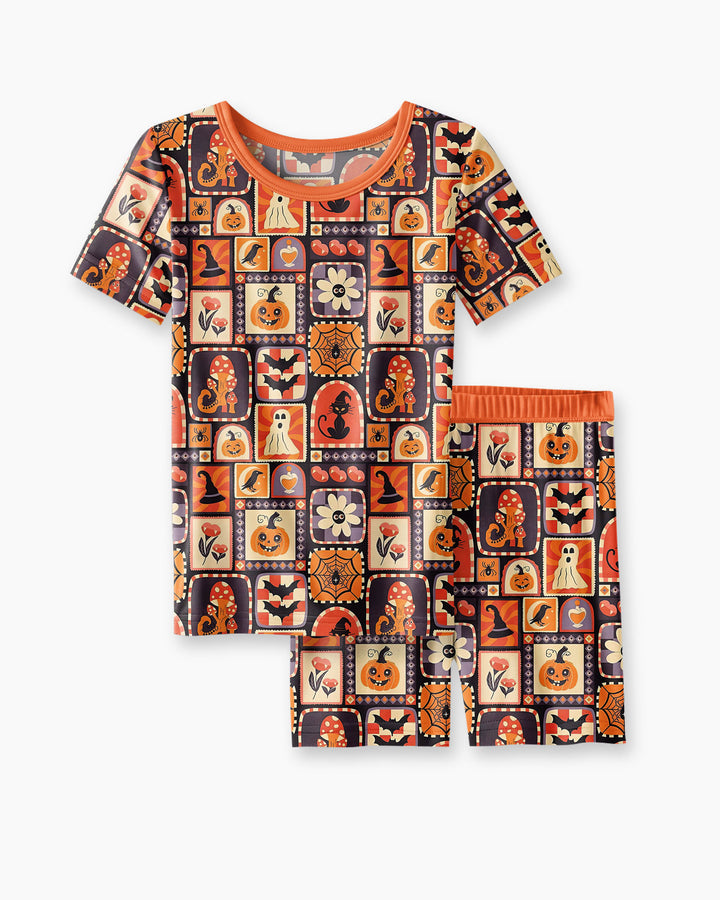 Retro Halloween Patchwork Icons Bamboo Two Piece Short Sleeve Shorts Pajama Set