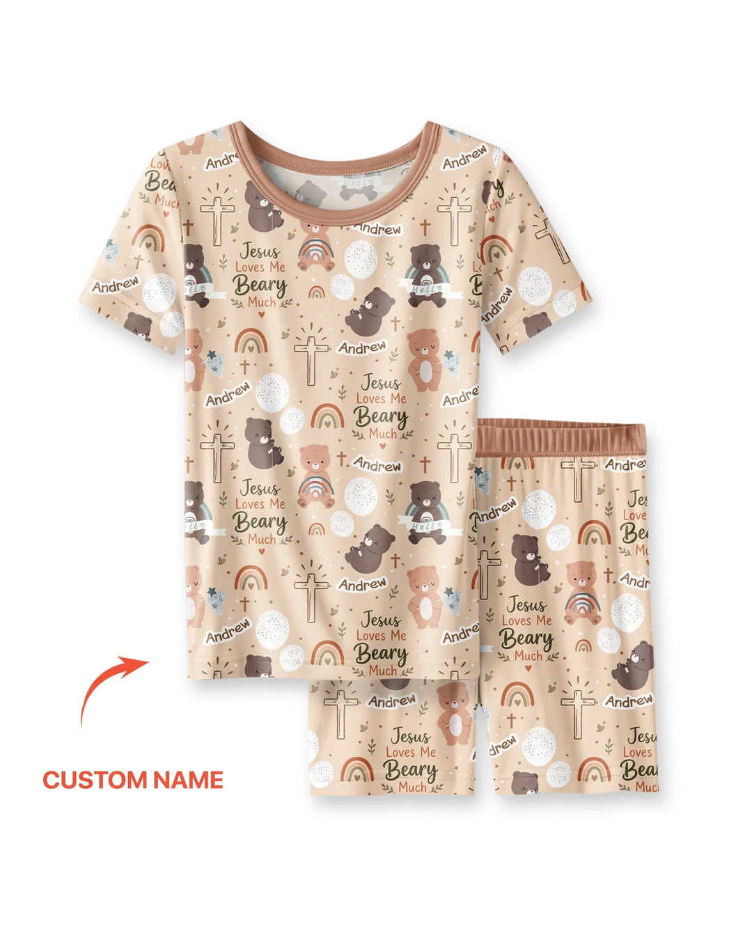 Custom Name Jesus Loves Me Beary Much Bamboo Two Piece Short Sleeve Shorts Pajama Set