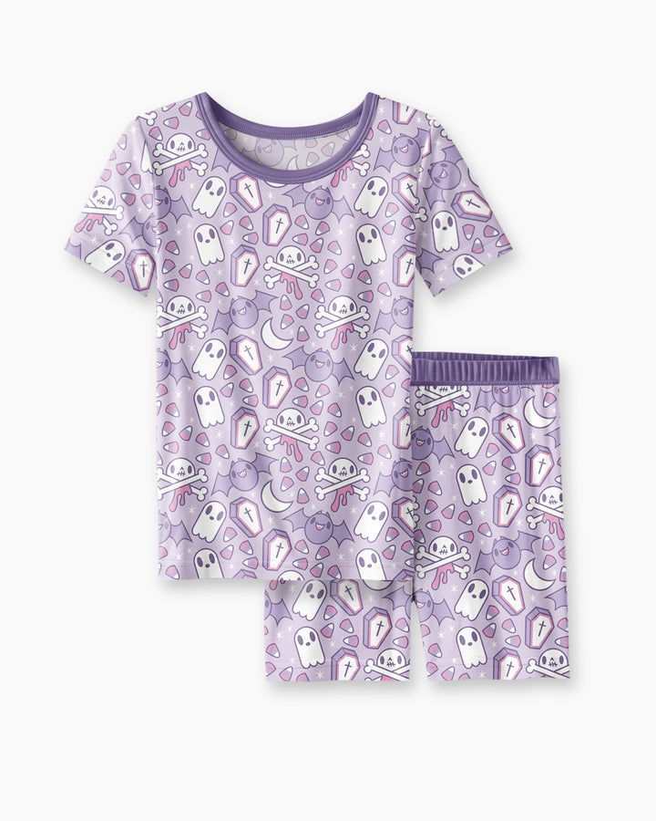 Cute Ghost Halloween Pastel Purple Spooky Bamboo Two Piece Short Sleeve Shorts Pajama Set