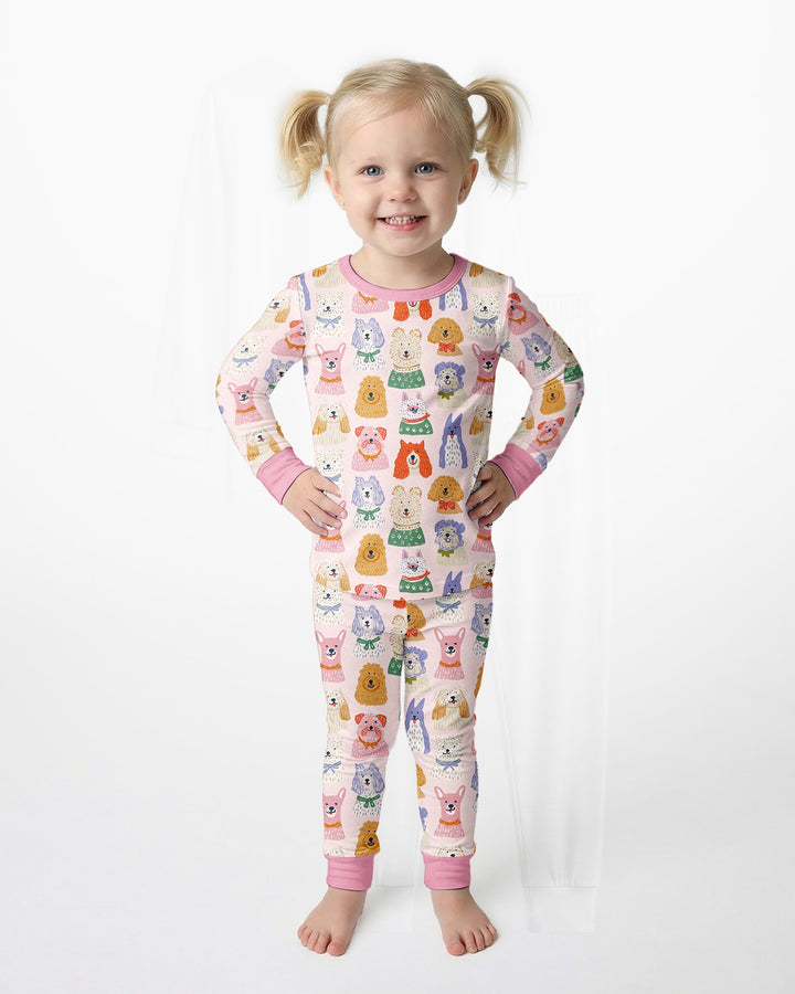 Whimsical Puppy Parade Family Matching Bamboo Two Piece Long Sleeve Pajama Set