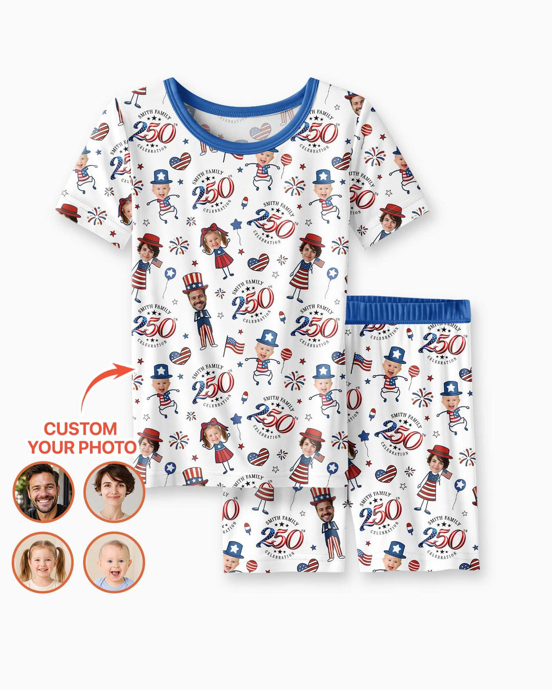Custom Photo Smith Family Celebration Bamboo Two Piece Short Sleeve Shorts Pajama Set