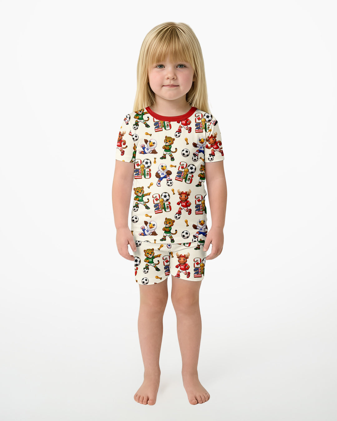 Cute Soccer Mascots USA CAN MEX Bamboo Two Piece Short Sleeve Shorts Pajama Set