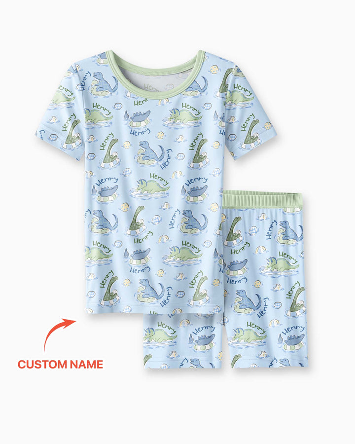 Dinos Swimming Custom Name Bamboo Two Piece Short Sleeve Shorts Pajama Set