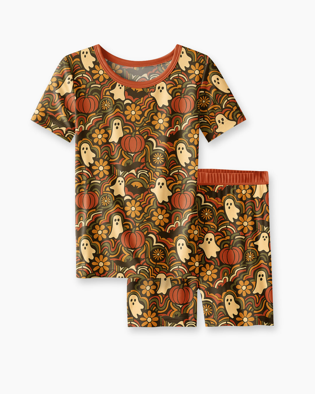 Retro Halloween Ghost Pumpkin Floral Bamboo Two Piece Short Sleeve Shorts Pajama Set
