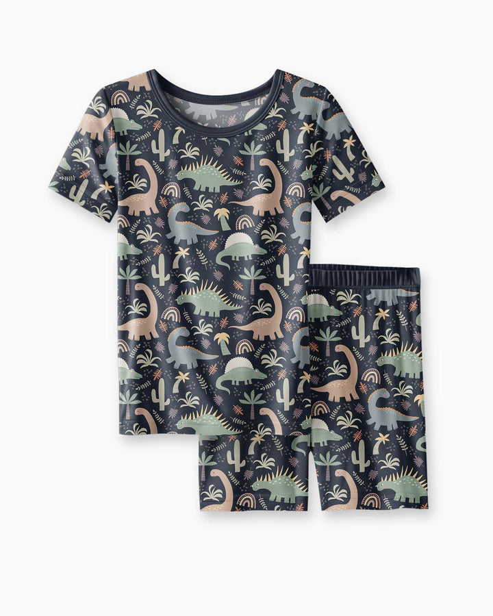 Navy Jurassic Jungle Bamboo Two Piece Short Sleeve Shorts Pajama Set