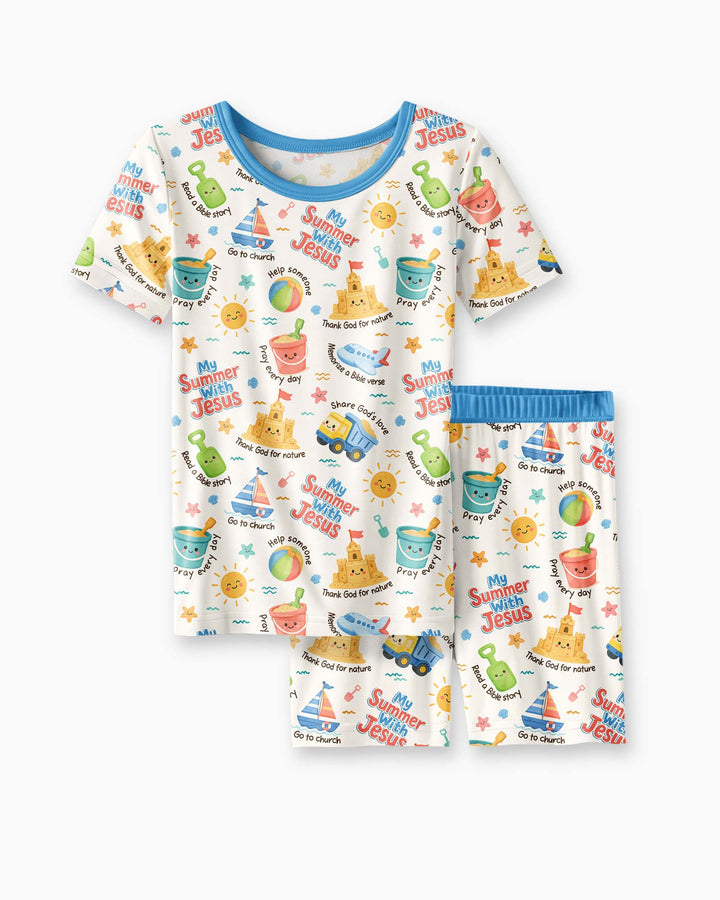 Colorful Summer Beach With Jesus Bamboo Two Piece Short Sleeve Shorts Pajama Set
