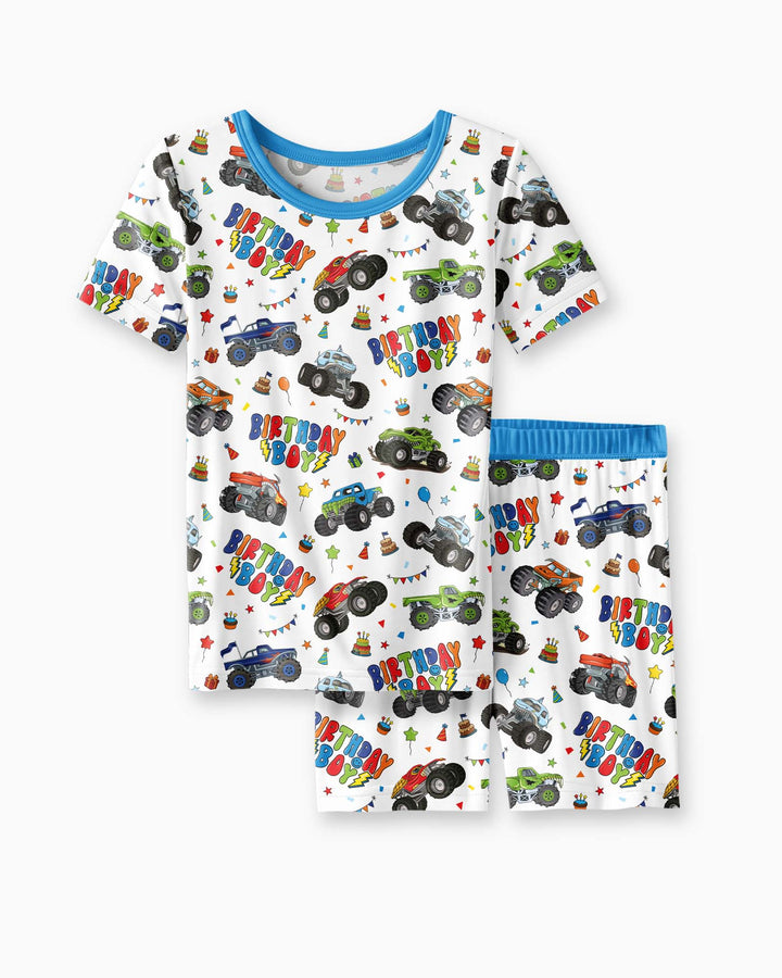 Monster Truck Birthday Boy Bamboo Two Piece Short Sleeve Shorts Pajama Set