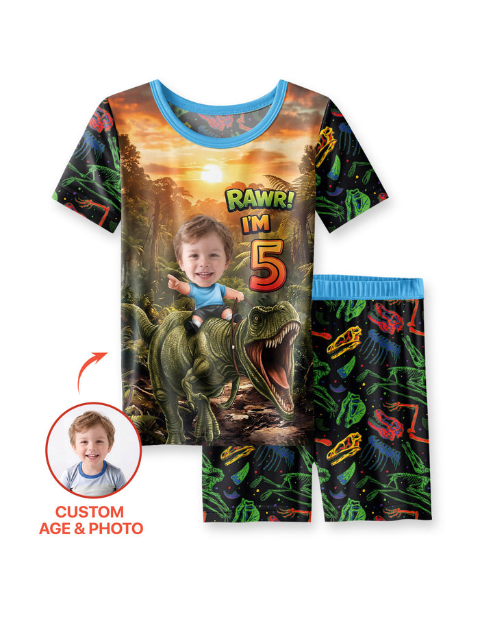 Custom Photo Dino Rawr Birthday Bamboo Two Piece Short Sleeve Shorts Pajama Set