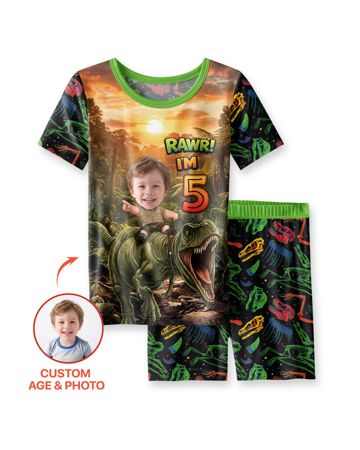 Custom Photo Dino Rawr Birthday Bamboo Two Piece Short Sleeve Shorts Pajama Set