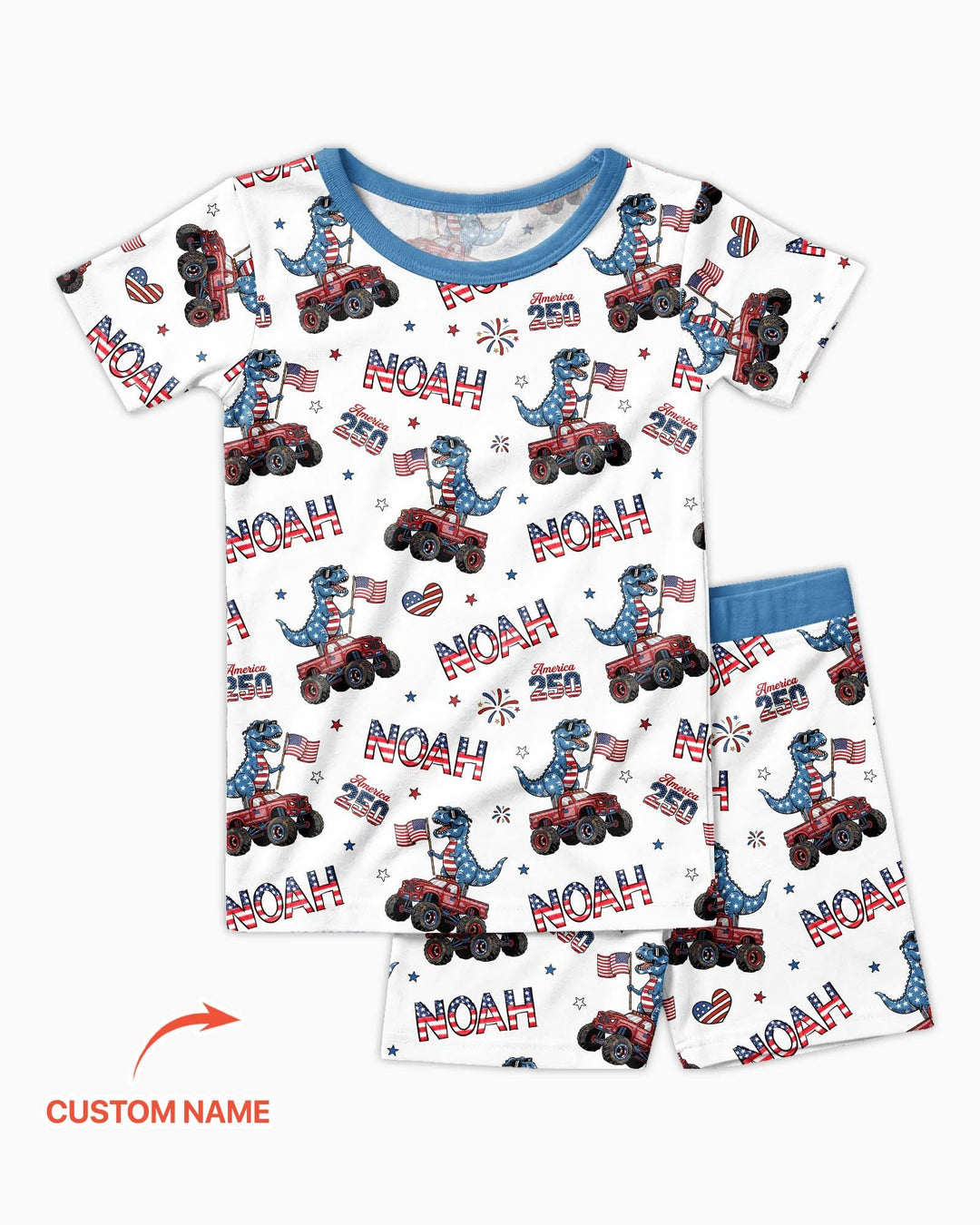 Custom Name American Flag Dinosaur Bamboo Two Piece Short Sleeve Shorts Pajama Set