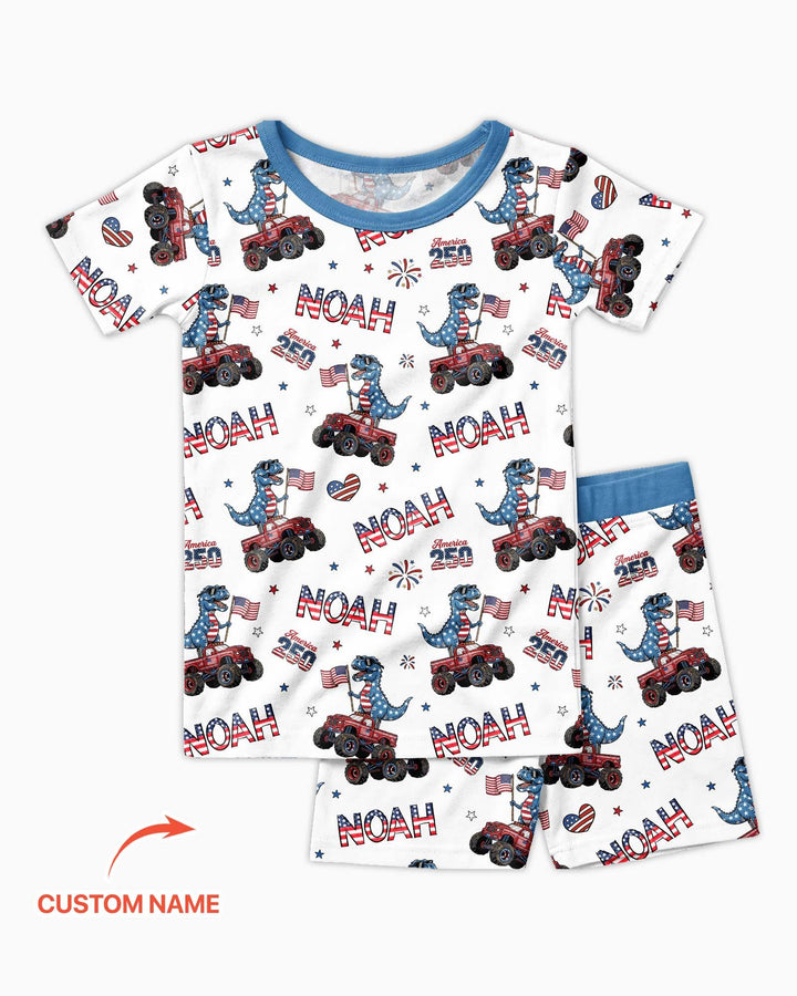 Custom Name American Flag Dinosaur Bamboo Two Piece Short Sleeve Shorts Pajama Set