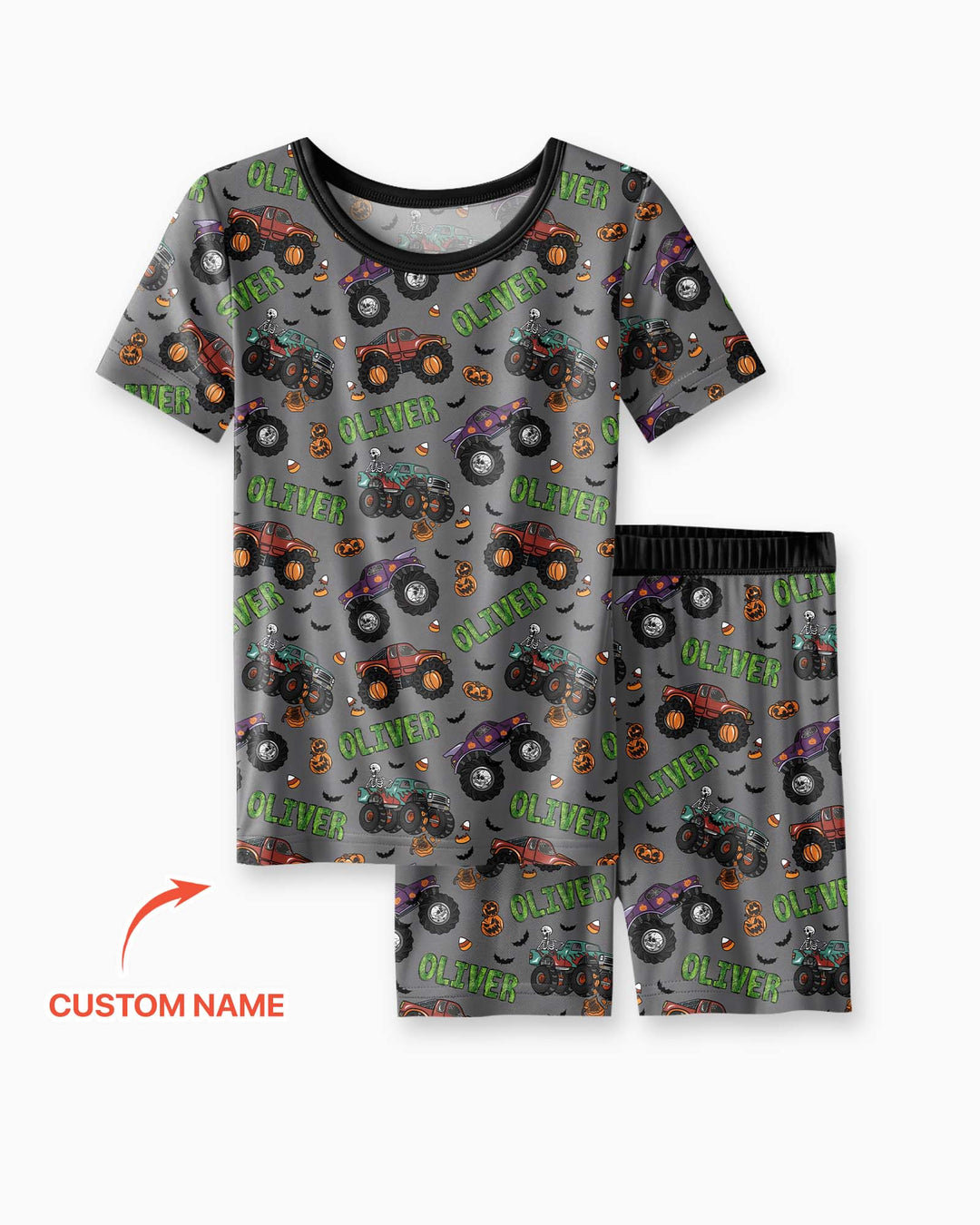 Custom Name Haunted Monster Trucks  Bamboo Two Piece Short Sleeve Shorts Pajama Set