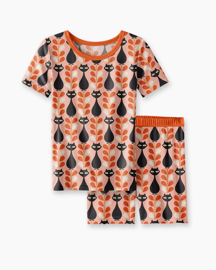 Retro Black Cat Garden Bamboo Two Piece Short Sleeve Shorts Pajama Set