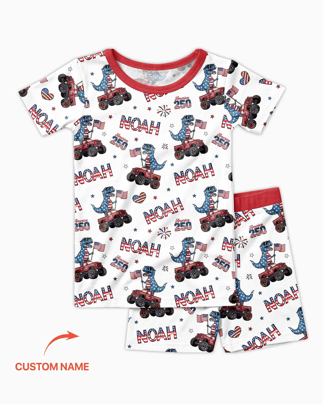 Custom Name American Flag Dinosaur Bamboo Two Piece Short Sleeve Shorts Pajama Set