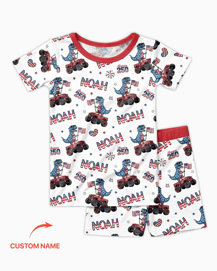 Custom Name American Flag Dinosaur Bamboo Two Piece Short Sleeve Shorts Pajama Set