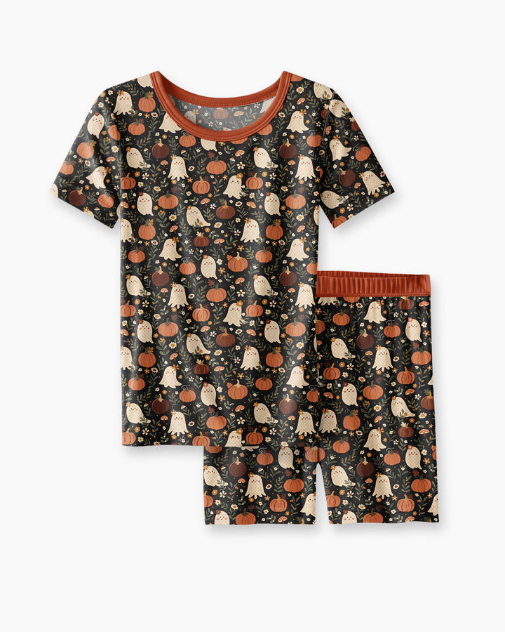 Ghost Pumpkin Harvest Floral Halloween Bamboo Two Piece Short Sleeve Shorts Pajama Set