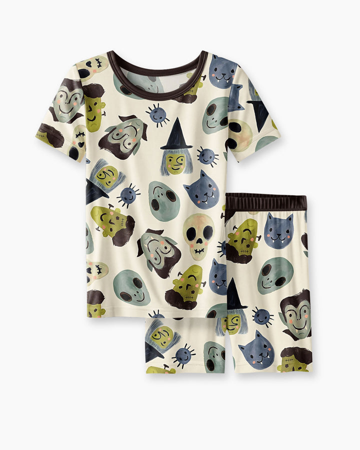 Halloween Gesichts Bambus Zweiteiliger Kurzarm Shorts Schlafanzug