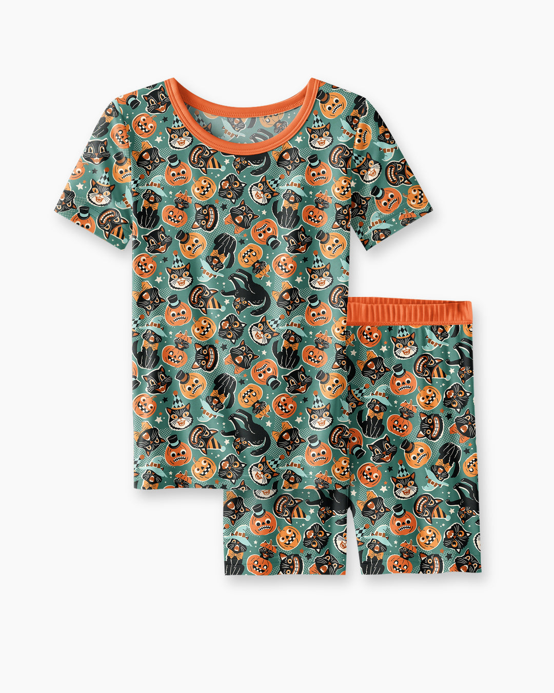 Retro Black Cat Witch Pumpkin Halloween Bamboo Two Piece Short Sleeve Shorts Pajama Set