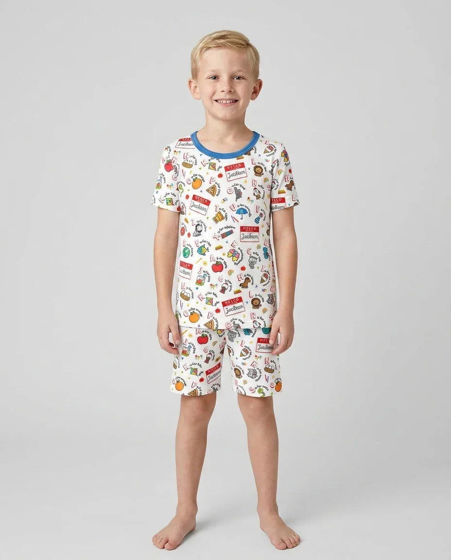 Custom Name Hello School ABCs Bamboo Two Piece Short Sleeve Shorts Pajama Set