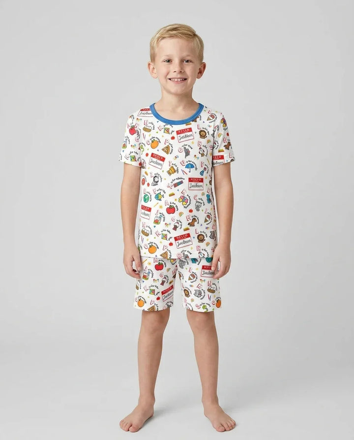 Custom Name Hello School ABCs Bamboo Two Piece Short Sleeve Shorts Pajama Set