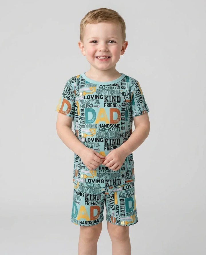 Conjunto de Pijama de Dos Piezas de Bambú con Collage de Palabras "Papá" y Manga Corta y Pantalón Corto