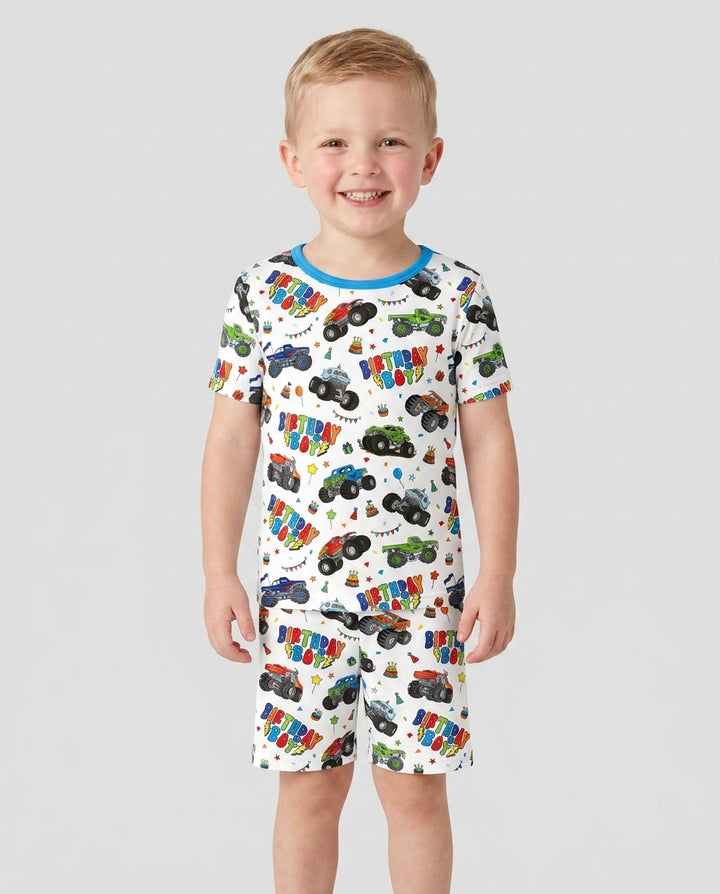 Monster Truck Birthday Boy Bamboo Two Piece Short Sleeve Shorts Pajama Set