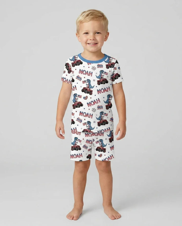 Custom Name American Flag Dinosaur Bamboo Two Piece Short Sleeve Shorts Pajama Set