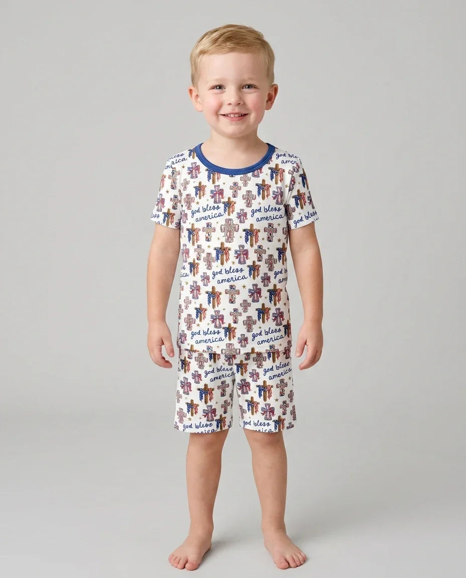 God Bless America Family Matching Bamboo Two Piece Short Sleeve Shorts Pajama Set