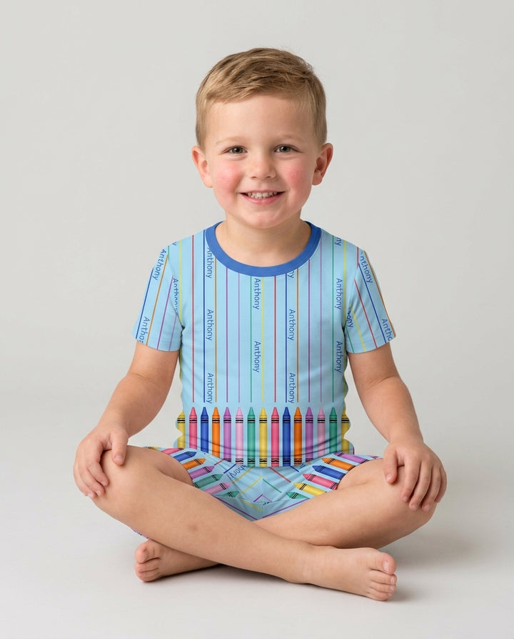 Custom Name Crayon Lines Bamboo Two Piece Short Sleeve Shorts Pajama Set