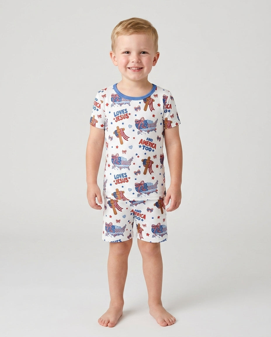 Loves Jesus And America Too Bamboo Two Piece Short Sleeve Shorts Pajama Set