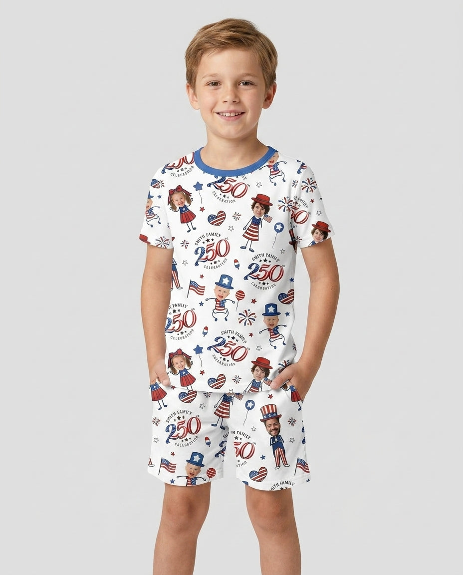 Custom Photo Smith Family Celebration Bamboo Two Piece Short Sleeve Shorts Pajama Set