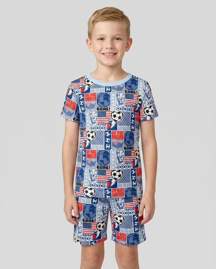 World Soccer God Bless America Bamboo Two Piece Short Sleeve Shorts Pajama Set