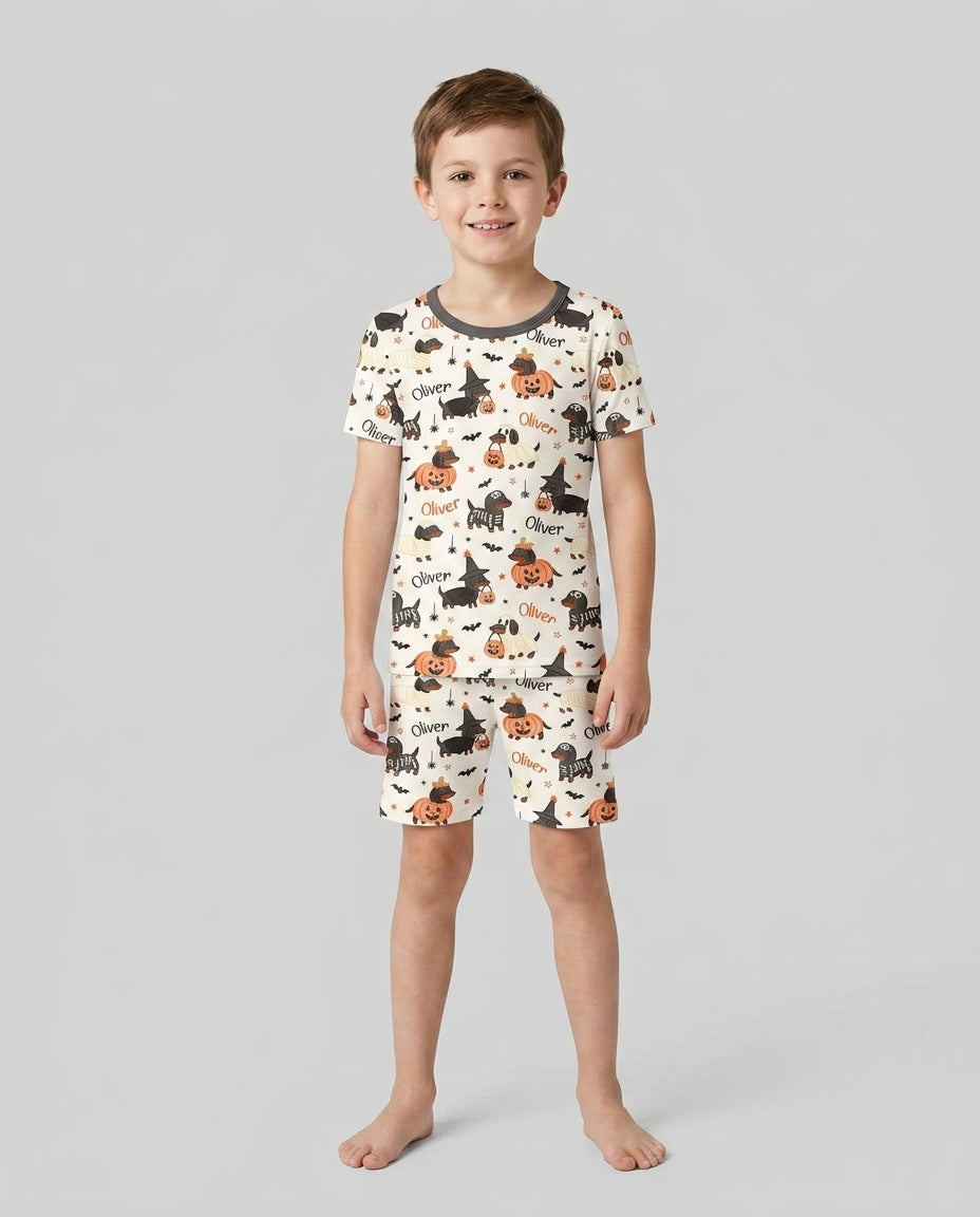 Orange and Black Dachshund Bamboo Two Piece Short Sleeve Shorts Pajama Set