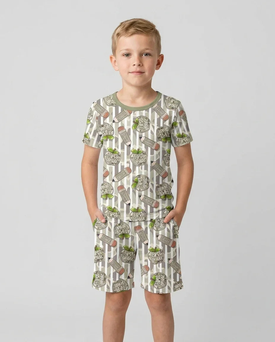 Custom Name Camo Apple Days Bamboo Two Piece Short Sleeve Shorts Pajama Set
