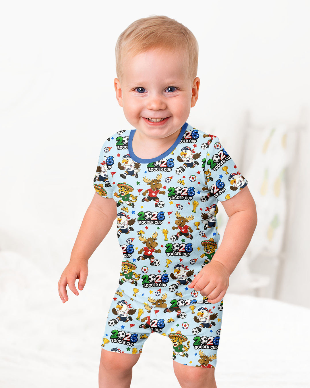 Soccer Cup Cute Mascots Two Piece Short Sleeve Shorts Pajama Set