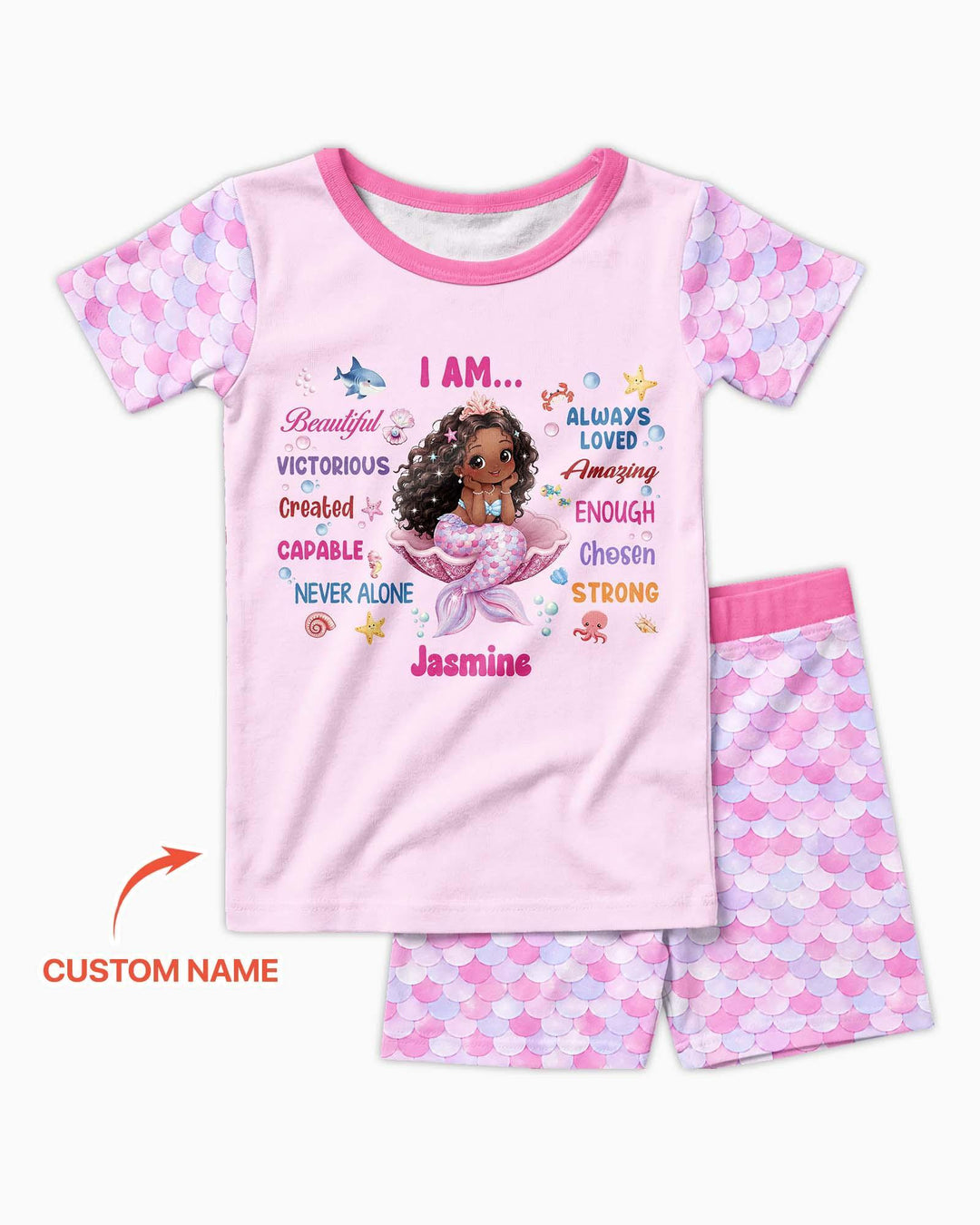 Custom Name Black Mermaid I Am Beautiful Bamboo Two Piece Short Sleeve Shorts Pajama Set