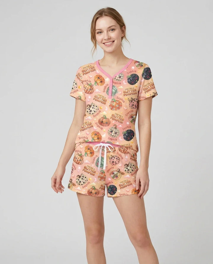 Custom Name You're A Glitter Pumpkin Bamboo Women Short Sleeve Short Pajama Set