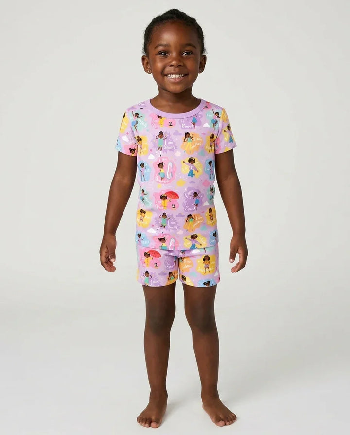 African American Girl I Am Loved Bamboo Two Piece Short Sleeve Shorts Pajama Set