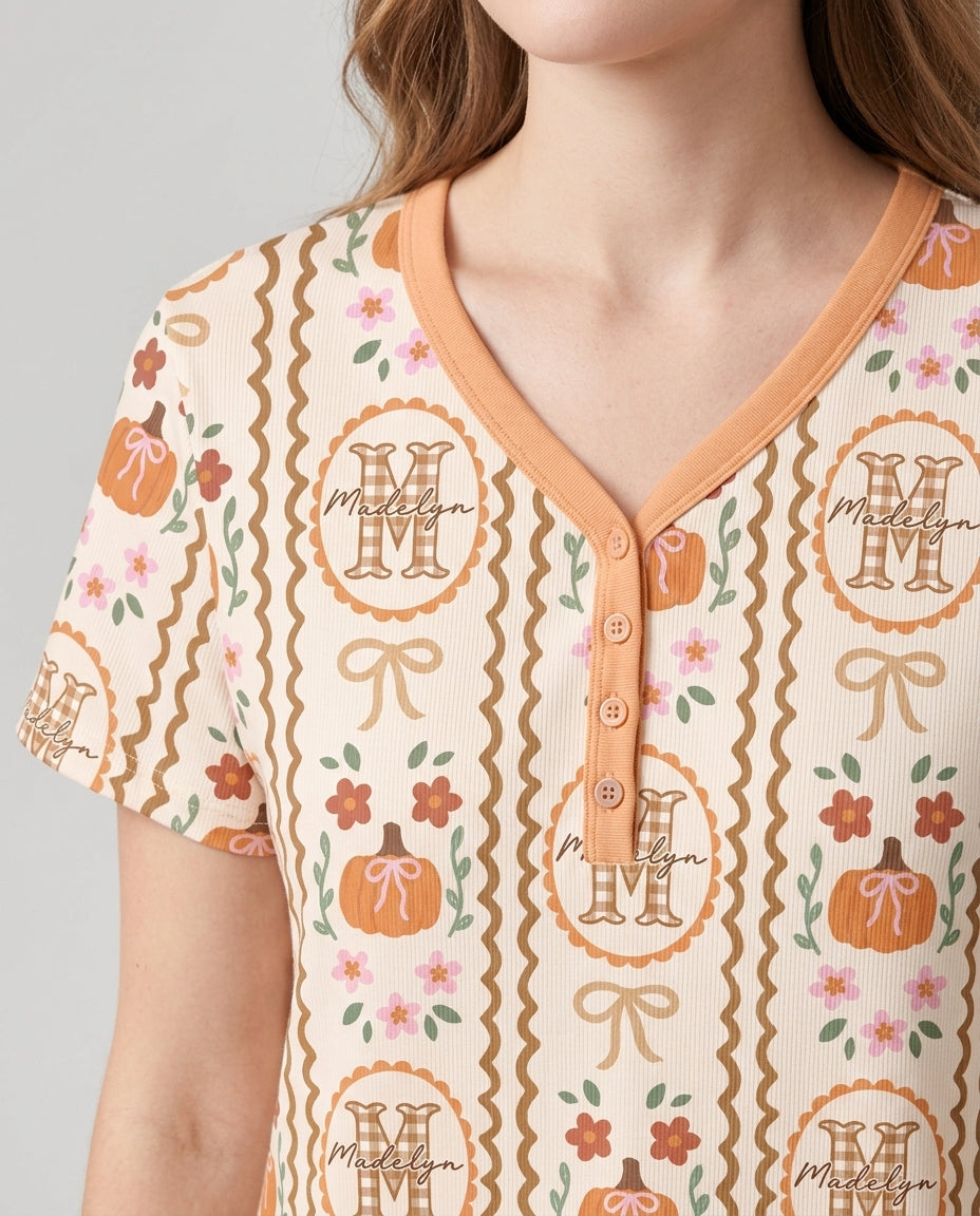 Custom Name Pumpkin Cottage Bamboo Women Short Sleeve Short Pajama Set