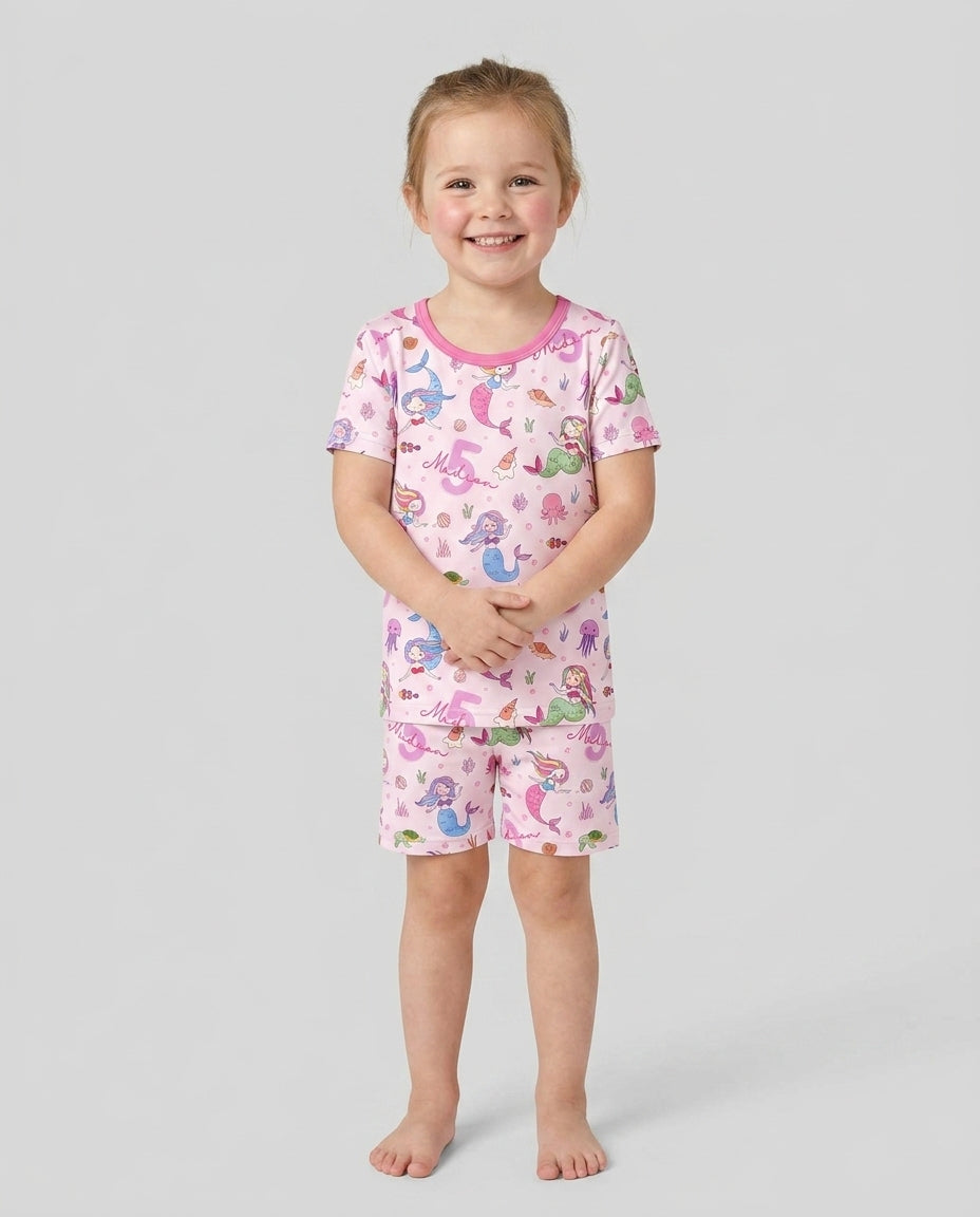 Custom Name Birthday Mermaid Bamboo Two Piece Short Sleeve Shorts Pajama Set