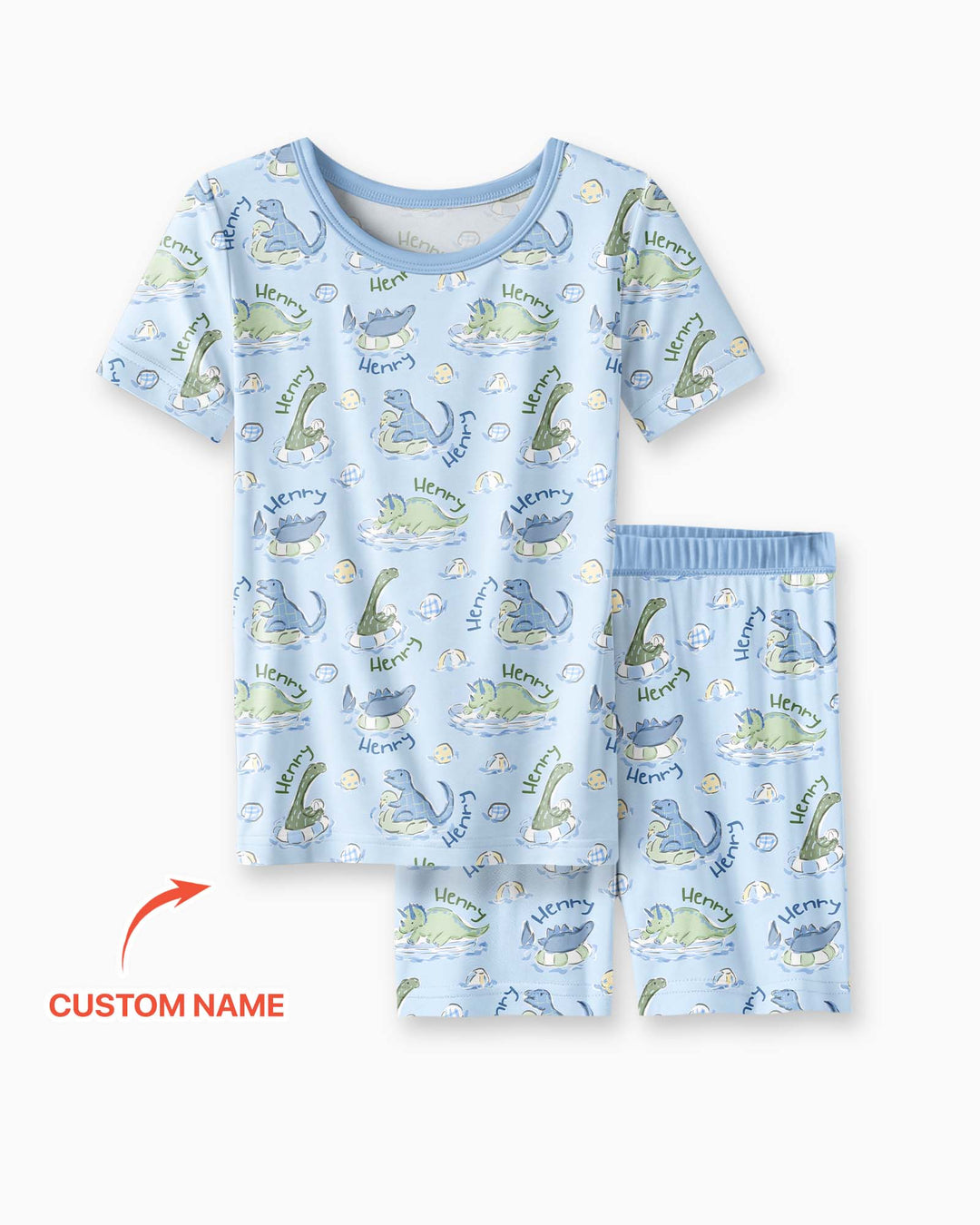 Dinos Swimming Custom Name Bamboo Two Piece Short Sleeve Shorts Pajama Set