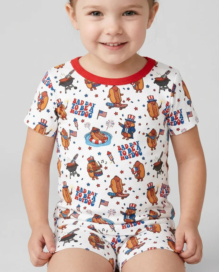 Hot Dog Patriotic Bamboo Two Piece Short Sleeve Shorts Pajama Set