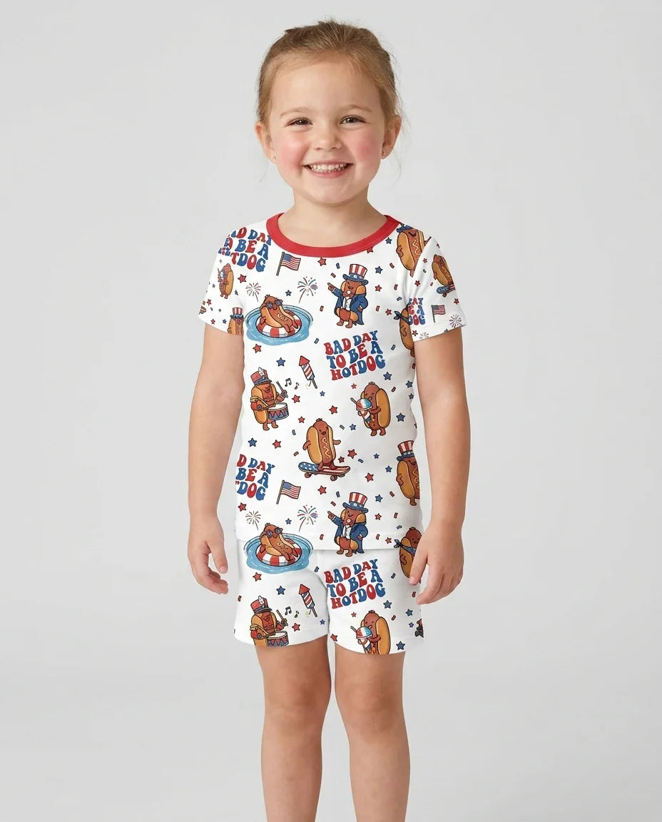 Hot Dog Patriotic Bamboo Two Piece Short Sleeve Shorts Pajama Set