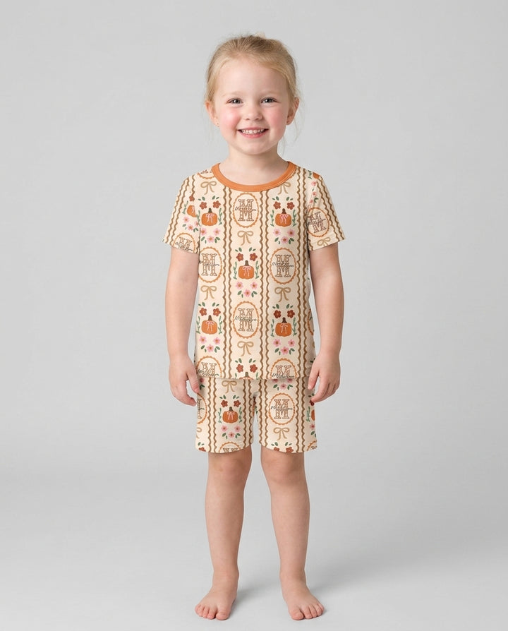 Custom Name Pumpkin Cottage Bamboo Two Piece Short Sleeve Shorts Pajama Set