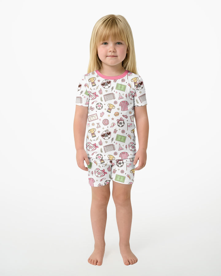 Pink Girly Soccer Coquette Bamboo Two Piece Short Sleeve Shorts Pajama Set