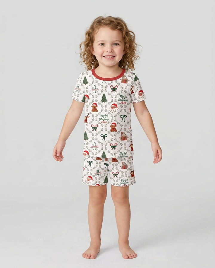 Custom name "Fancy Monogram Red Christmas 2026" Bamboo Two Piece Short Sleeve Shorts Pajama Set