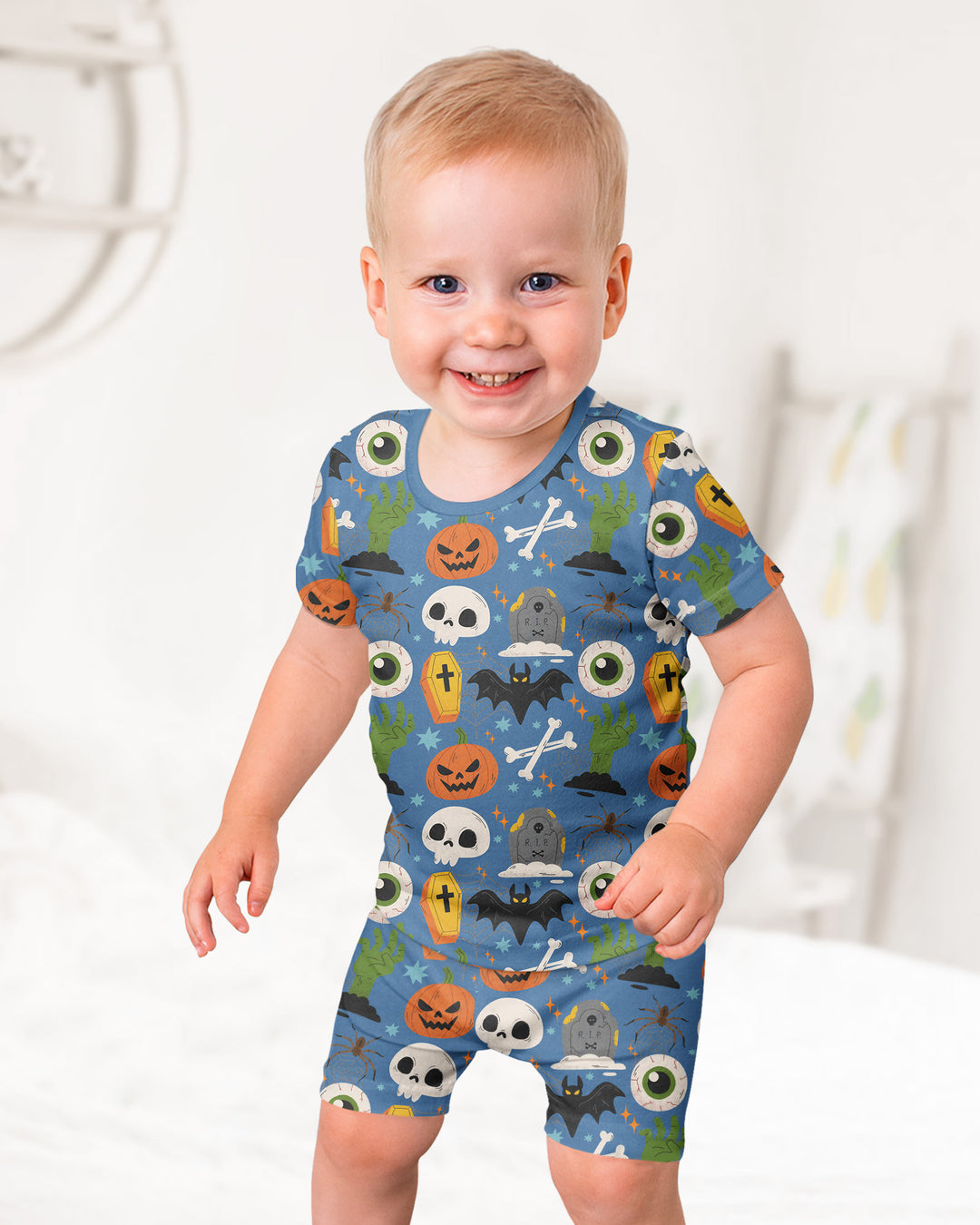 Little Monsters Bamboo Two Piece Short Sleeve Shorts Pajama Set For Halloween