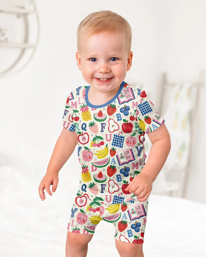 Back To School Fruit Alphabet Bamboo Two Piece Short Sleeve Shorts Pajama Set
