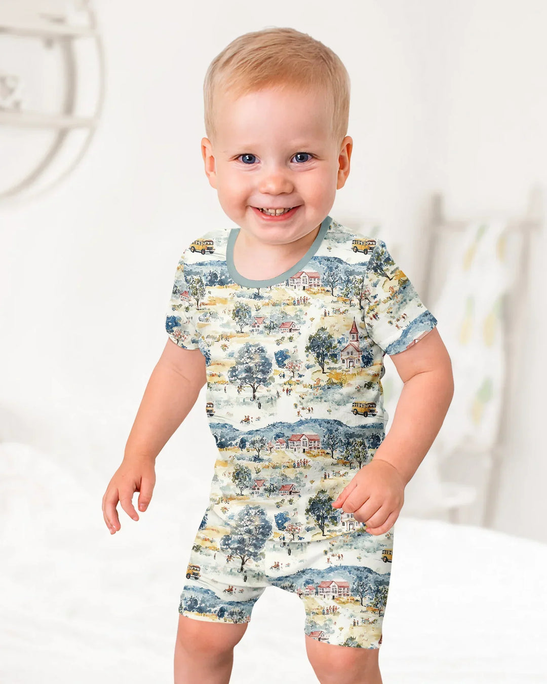 Whimsical Watercolor School Village Bamboo Two Piece Short Sleeve Shorts Pajama Set